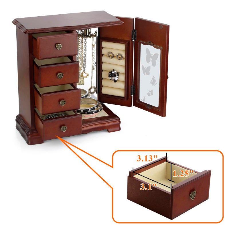 RR ROUND RICH DESIGN صندوق مجوهرات خشبي صلب بتصميم دائري فاخر مع 4 أدراج وحامل قلائد مدمج ومرآة باللون البني - Image 5